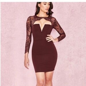 House of CB Burgundy Lace Long Sleeve Bodycon Dress